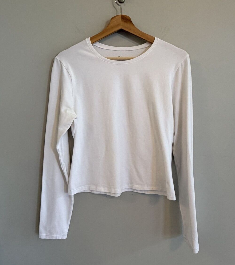 Quince Organic Cotton Long Sleeve White Crop T Shirt Size L Crewneck Minimalist